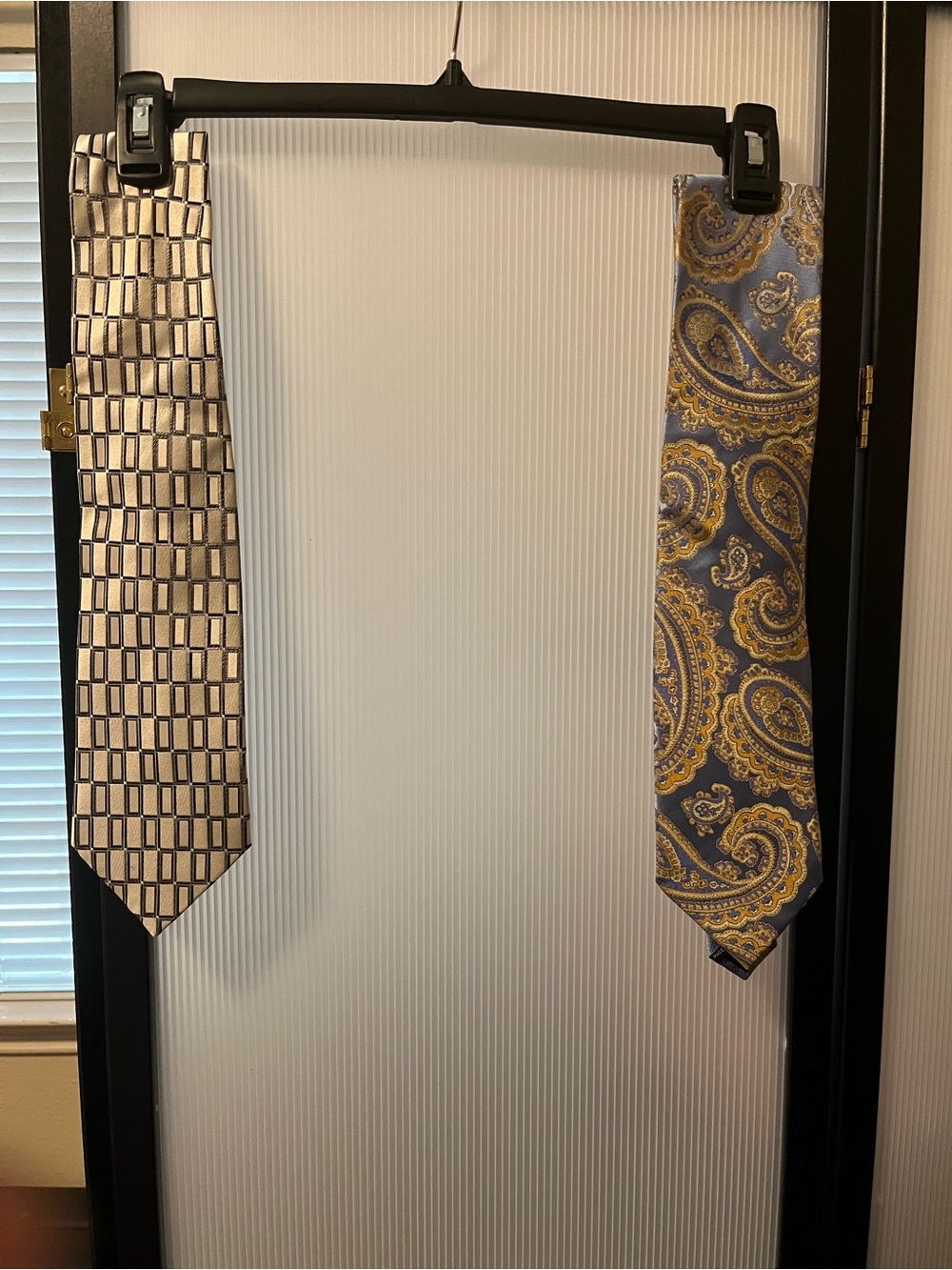 Two-Tie Set — Light Blue & Tan Paisley and Black&Silver Geometric - Good